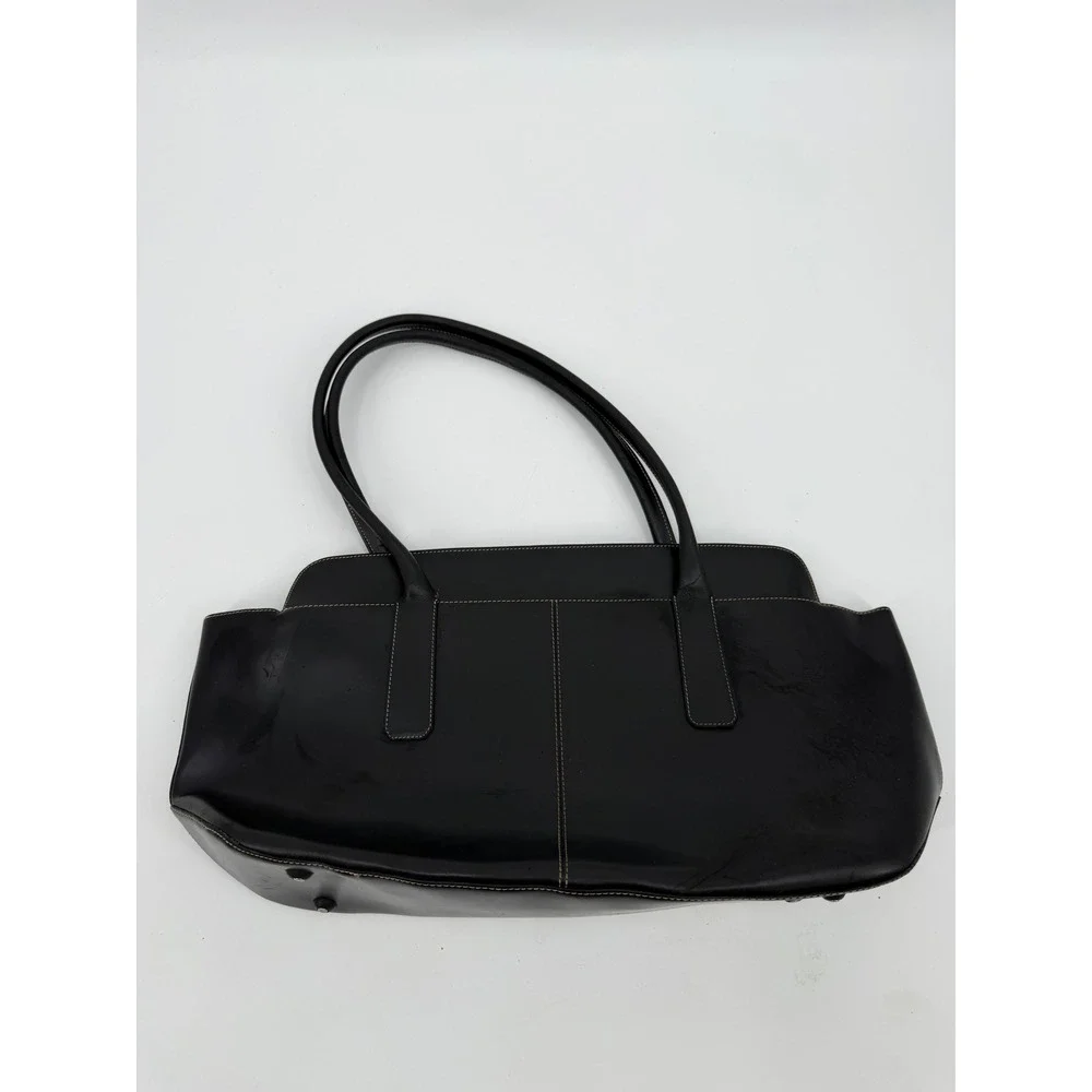 Gironacci Black Leather Shoulder Bag Made in Italy Contrast Stitch Tote